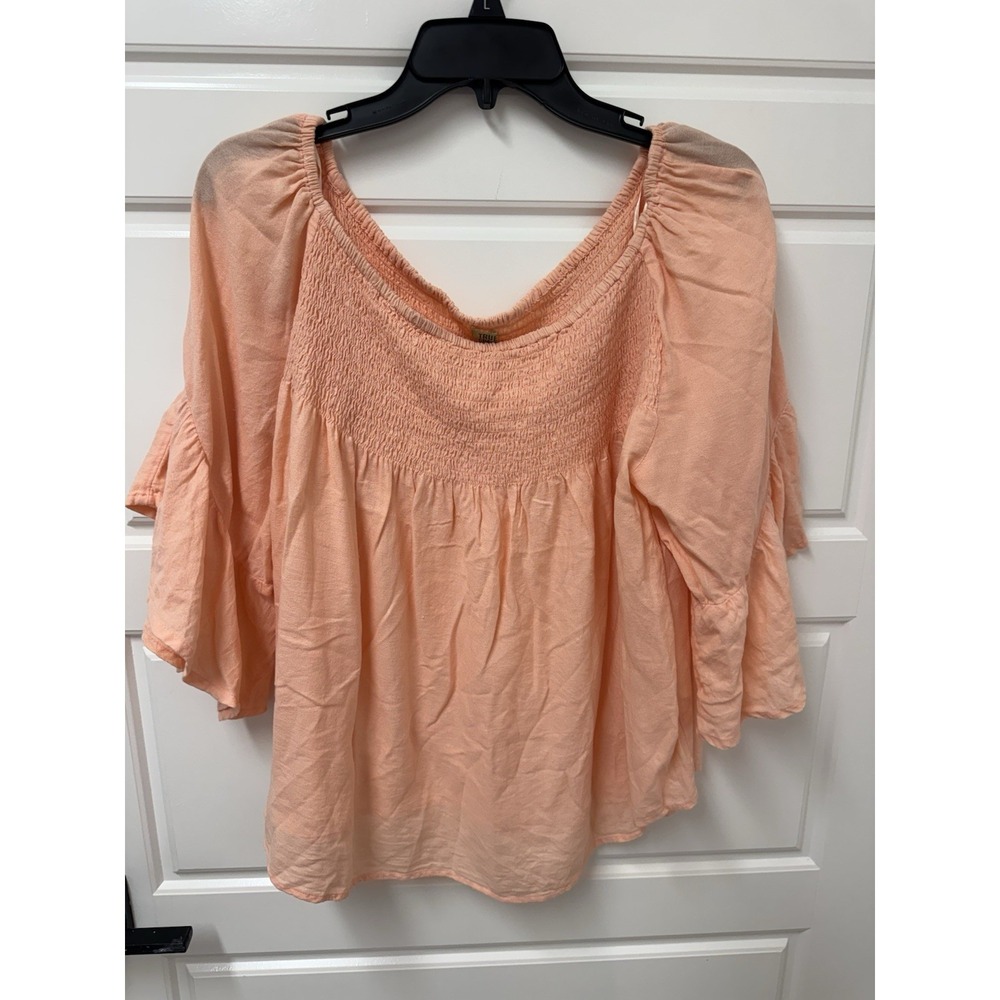 1X True Craft  Plus Size Smock Top Blouse Elastic Neck Bell Slv Peach Orange A9
